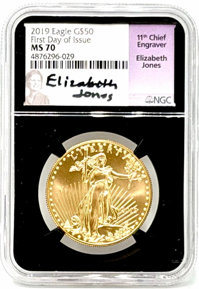 2019 US $50 First Day of Issue American Eagle One Ounce Gold Coin, NGC MS 70 Elizabeth Jones Signed (1 of 5)