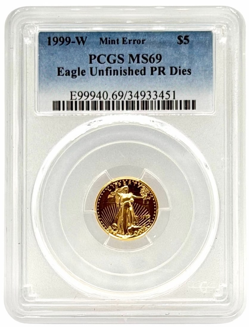 1999 US $5 "Mint Error" American Eagle Unfinished PR Dies 1/10 Ounce Gold Coin PCGS MS 69 (1 of 5)