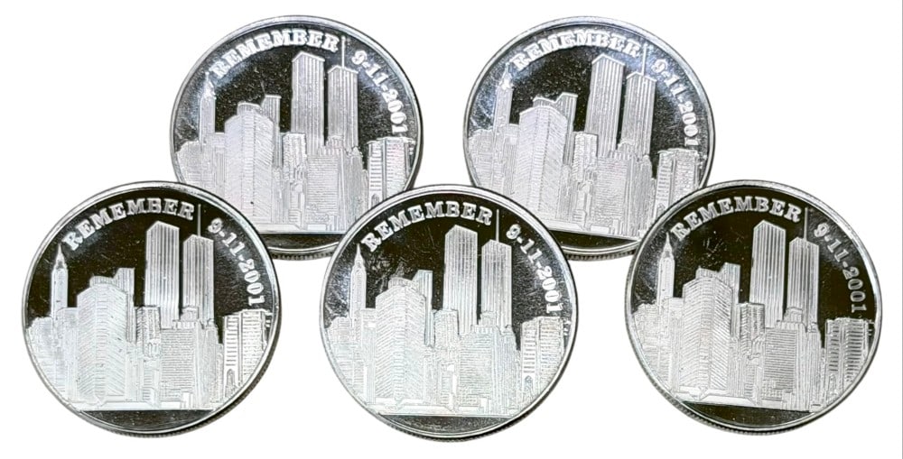 (5) One Ounce .999 Fine Silver Remember 9-11-2001 Commemorative Rounds (1 of 3)