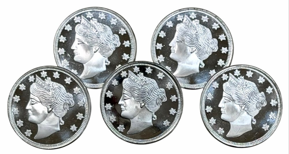 (5) Liberty Head One Troy Ounce .999 Fine Silver Rounds Brilliant Uncirculated (1 of 3)