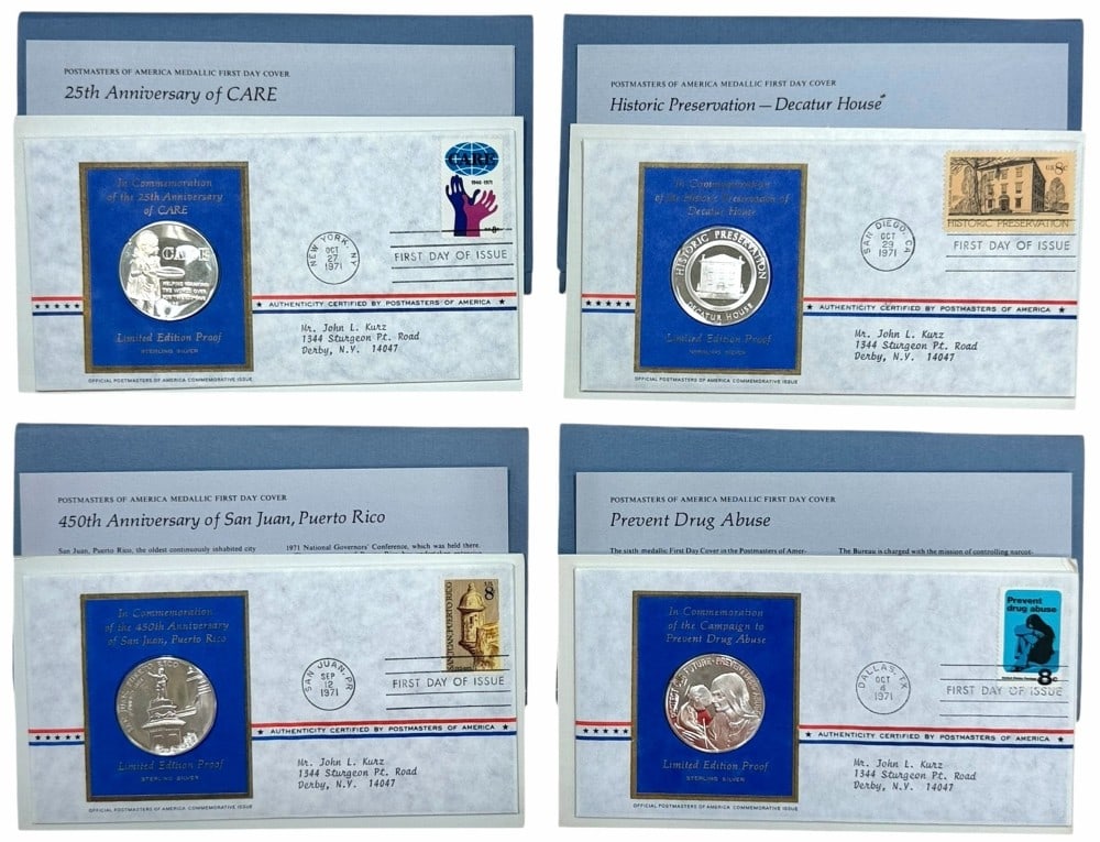 (4) 1971 Franklin Mint Postmasters Of American Commemorative .925 Silver First Day Cover Coins: (4) 1971 Franklin Mint Postmasters Of American Commemorative .925 Silver First Day Cover Coins. Each coin generally contains 0.7-0.8 troy ounces of .925 sterling silver and come with certifications of