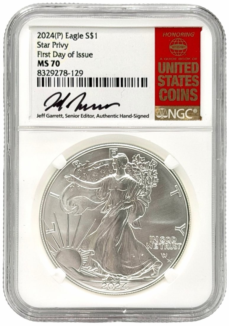 2024 US $1 Star Privy First Day Issue American Eagle Silver Coin, NGC MS 70 Jeff Garrett Signed (1 of 5)