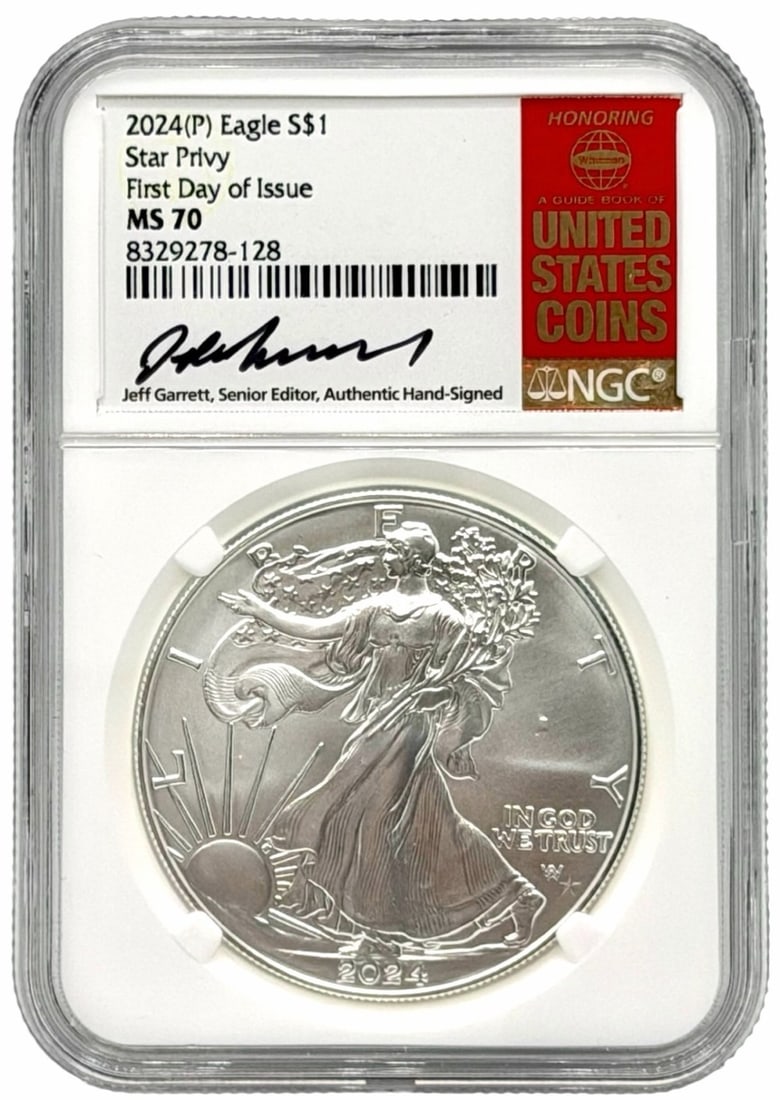 2024 US $1 Star Privy First Day of Issue American Eagle Silver Coin, NGC MS 70 Jeff Garrett Signed: 2024 US $1 Star Privy First Day of Issue American Eagle Silver Coin, NGC MS 70 Jeff Garrett Signed (Senior Editor).? Honoring Whitman A Guide Book of United States Coins (NGC# 8329278-128)