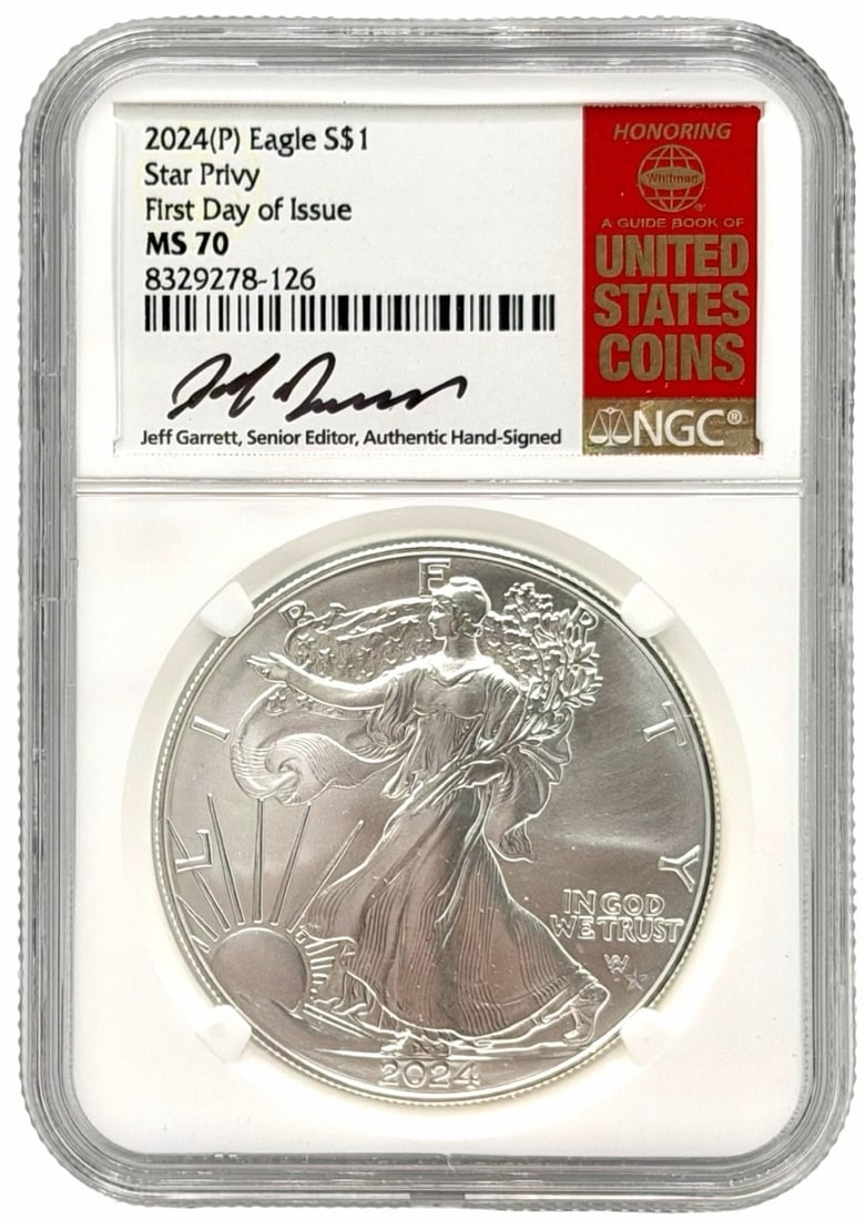 2024 US $1 Star Privy First Day Issue American Eagle Silver Coin, NGC MS 70 Jeff Garrett Signed (1 of 5)
