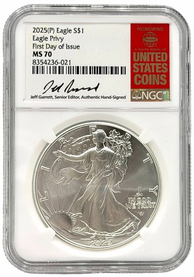 2025 US $1 Eagle Privy First Day Issue American Eagle Silver Coin, NGC MS 70 Jeff Garrett Signed (1 of 5)