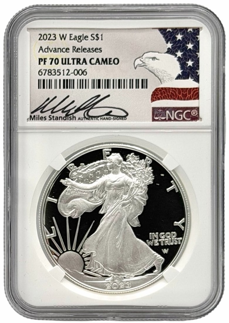 2023 US $1 Advance Releases American Eagle Silver Coin, NGC PF 70 Ultra Cameo Miles Standish Signed (1 of 5)