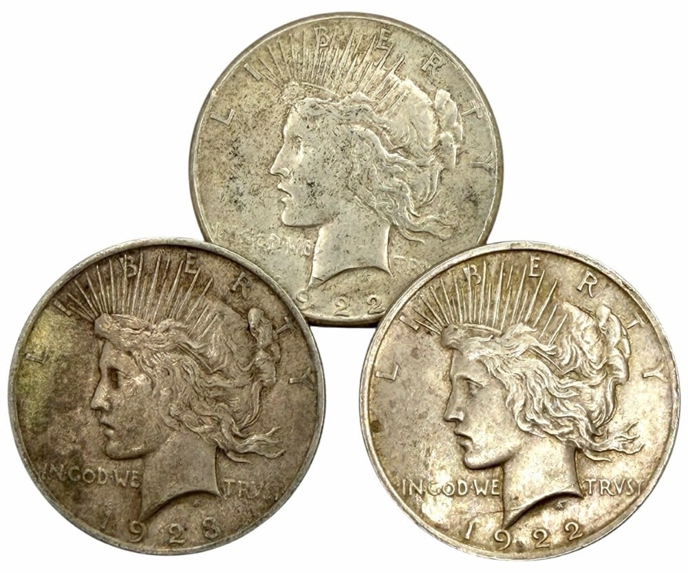 1922, 1922-S & 1923 United States Peace Silver Dollars (1 of 3)
