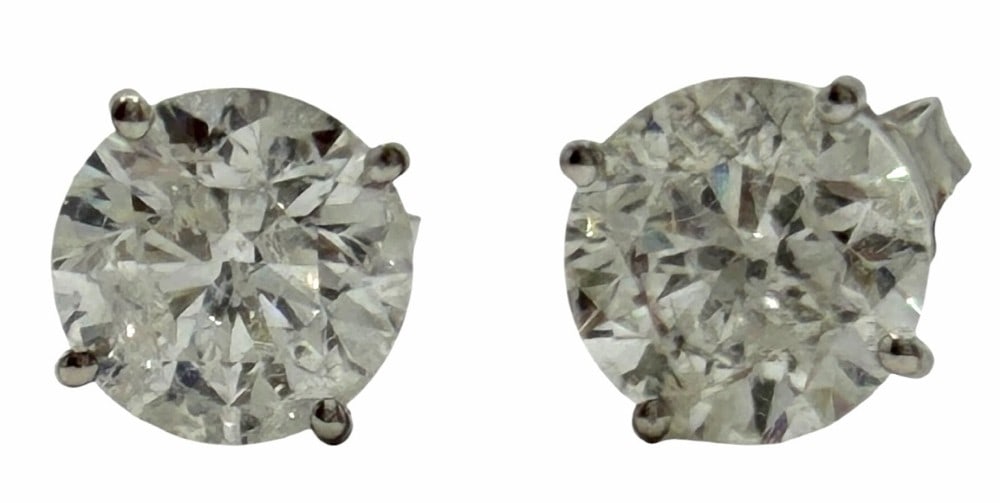 14K White Gold 3.10ctw Round Brilliant Cut Diamond Stud Earrings: 14K White Gold 3.10ctw Round Brilliant Cut Diamond Stud Earrings.? This pair of earrings has two round brilliant cut diamonds mounted in the center of the white gold earrings and have a total diamond
