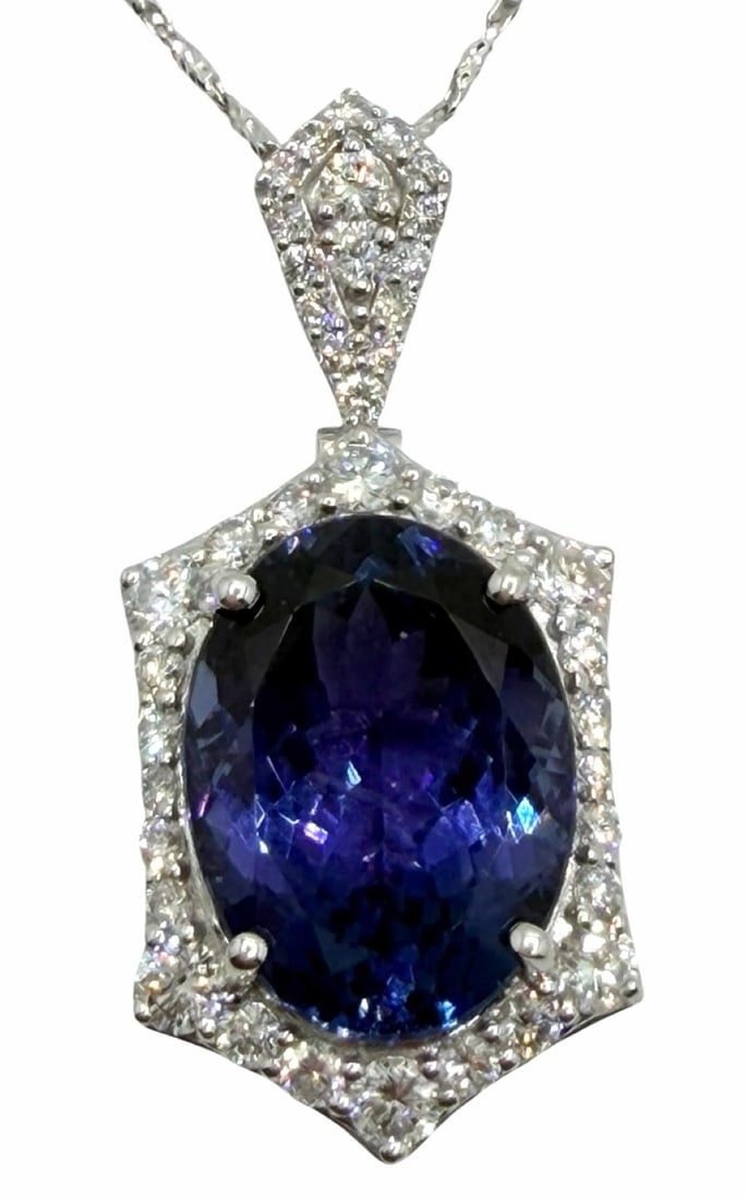14K White Gold 9.12ctw Natural Tanzanite Zoisite and Diamond Pendant with Chain (1 of 7)