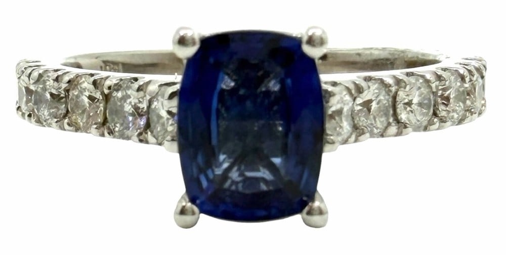 14K White Gold 2.04ctw Natural Blue Sapphire and Diamond Ring, Size 8: 14K White Gold 2.04ctw Natural Blue Sapphire Corundum and Diamond Ring, Size 8.? This beautiful ring has a cushion brilliant cut natural blue sapphire corundum gemstone mounted in the center of the ri