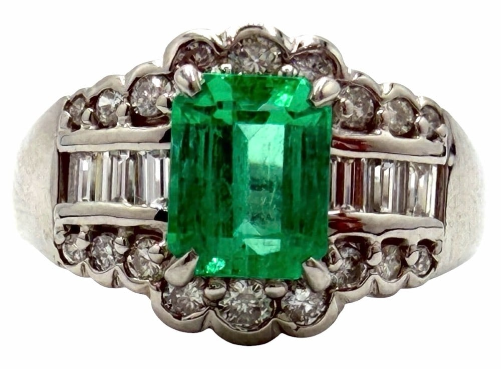Platinum 1.95ctw Colombian Emerald and Diamond Ring, Size 5.75: Platinum 1.95ctw Colombian Emerald and Diamond Ring, Size 5.75.? This beautiful cocktail ring is mounted with one genuine GIA certified Colombian emerald center stone weighing approximately 1.29ct.? T
