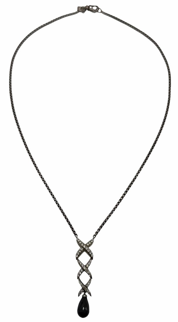 David Yurman Sterling Silver Diamond & Black Onyx Necklace: David Yurman Sterling Silver Diamond & Black Onyx Necklace, stamped DY 925 on chain tag.? The pendant measures approximately 1.5in long and the chain is 15in.? Total weight of 8.1g