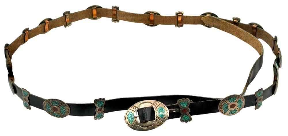 Charlie Singer Sterling Silver Turquoise & Coral Inlay Native American Navajo Leather Concho Belt (1 of 11)