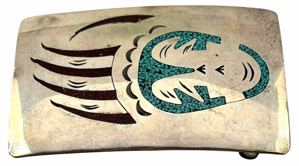 Jerry Cowboy Sterling Silver Native American Navajo Turquoise & Coral Inlaid Belt Buckle (1 of 6)