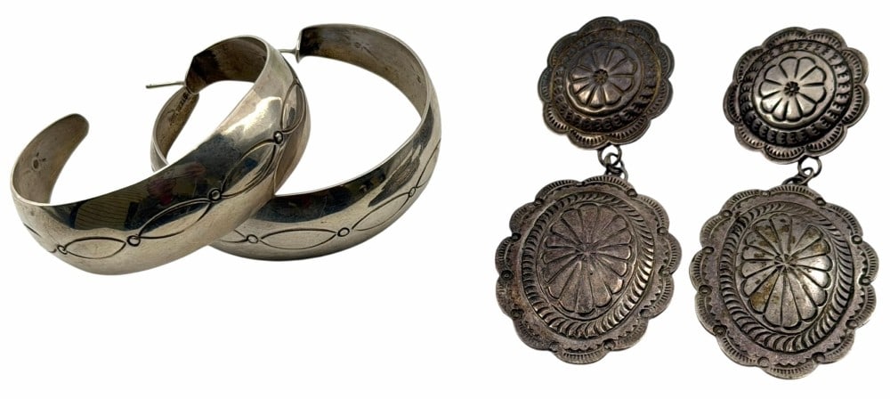 Sterling Silver Native American Navajo Artist Marked Concho Dangle And Hoop Earrings (1 of 11)