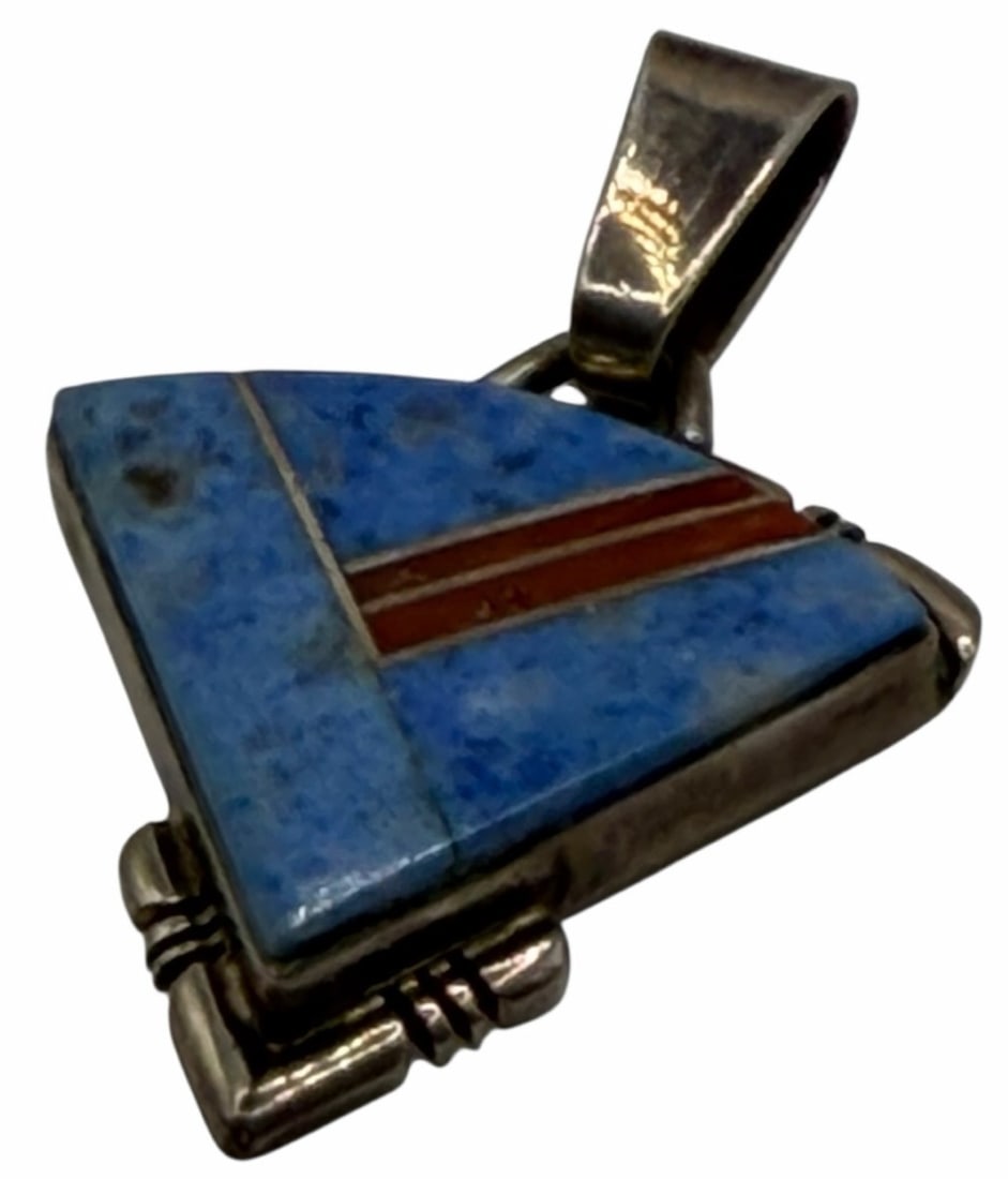 Chris Charley Sterling Silver Native American Navajo Turquoise And Coral Inlay Pendant (1 of 5)