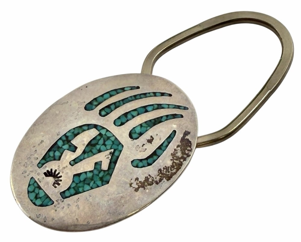 Vintage Charlie Singer Native American Navajo Turquoise Inlay Bear Paw Keychain (1 of 4)