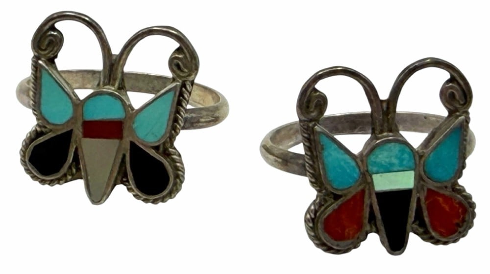 BK Sterling Silver Native American Zuni Multi-Color Inlay Butterfly Rings (1 of 5)