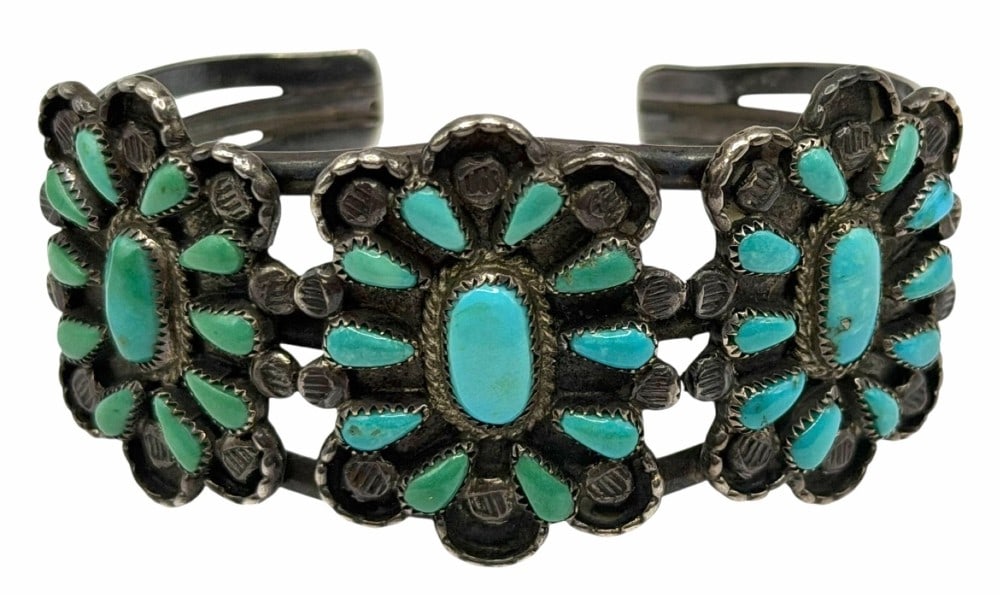 Old Trade Native American Zuni Turquoise Cluster Cuff Bracelet (1 of 8)