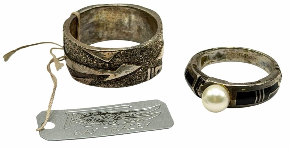 Vintage Ray Tracey Sterling Silver Native American Navajo Engraved & Pearl Rings: Vintage Ray Tracey Sterling Silver Native American Navajo Engraved & Pearl Rings. Both of the rings are engraved with STERLING and Ray Tracey's hallmark. The first ring is a size 6.25 and features a p