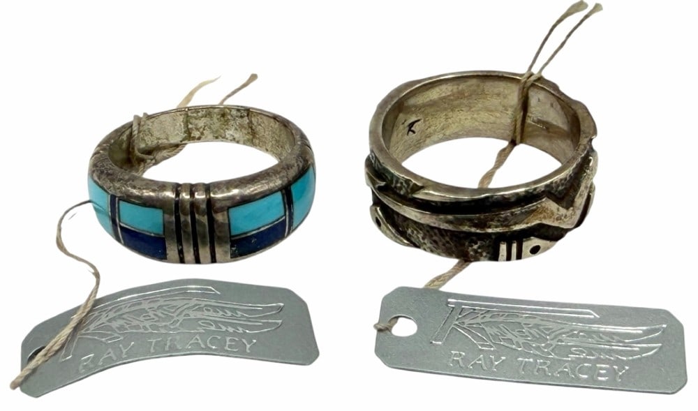 Vintage Ray Tracey Sterling Silver Native American Navajo Geometric & Multi-Color Inlay Rings: Vintage Ray Tracey Sterling Silver Native American Navajo Geometric & Multi-Color Inlay Rings. Both rings have Ray Tracey's hallmark and STERLING engraved. The first ring is a size 9.5 and features a
