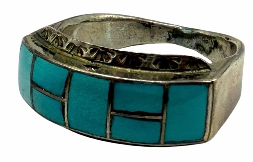 Artist Signed Sterling Silver Native American Turquoise Inlay Ring (1 of 7)