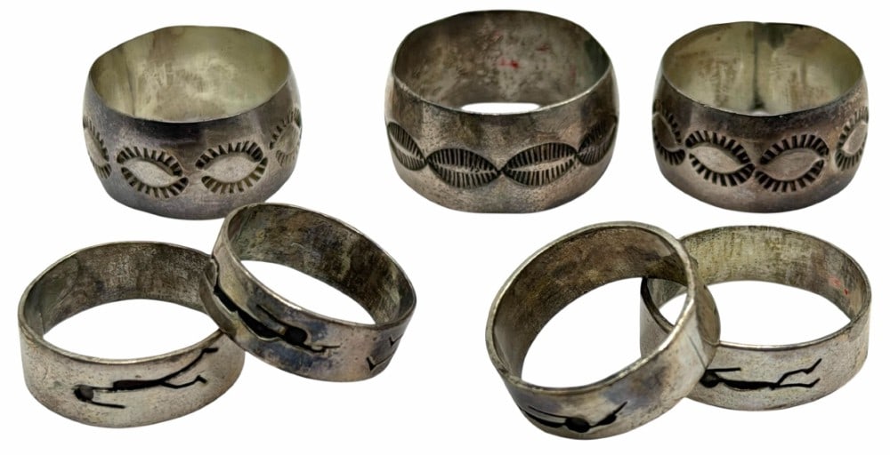Sterling Silver Native American Kokopelli And Hand Stamped Rings: Sterling Silver Native American Kokopelli And Hand Stamped Rings. All 7 of the rings are unmarked. There are 4 bands engraved with the Kokopelli figures while the other 3 are hand-stamped designs. The
