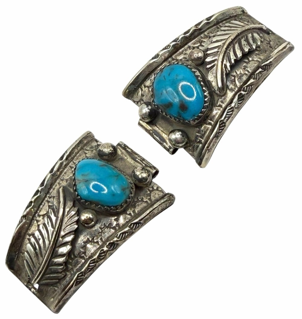 BB Sterling Silver Native American Turquoise Watch Band Tips: BB Sterling Silver Native American Turquoise Watch Band Tips. The tips have a sticker with artist hallmark BB on it. They feature beautiful turquoise stones with leaf detailing. They measure 1.5in x 1