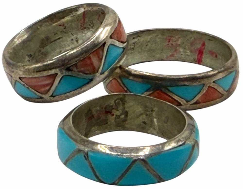 Vintage Sterling Silver Native American Turquoise And Coral Inlay Rings (1 of 4)
