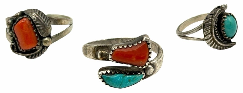 Vintage Sterling Silver Native American Coral And Turquoise Rings (1 of 6)