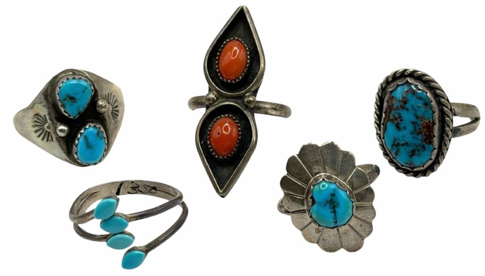 Sterling Silver Native American Turquoise And Red Coral Stone Rings (1 of 8)