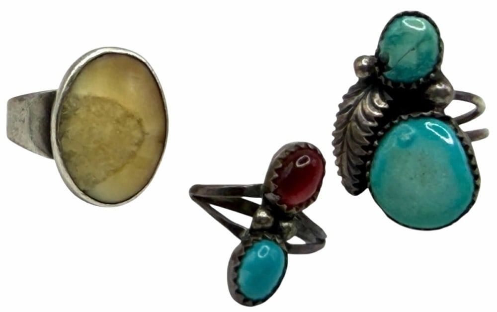 Vintage Sterling Silver Native American Turquoise, Coral & Butterscotch Amber Cabochon Stone Rings (1 of 8)