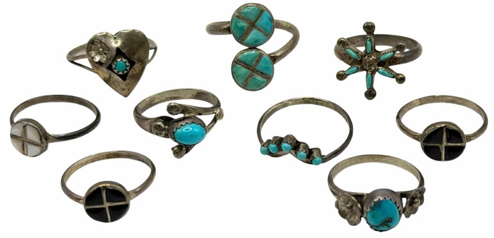 Sterling Silver Native American Turquoise And Multi-Colored Stone & Criss-Cross Design Rings (1 of 8)