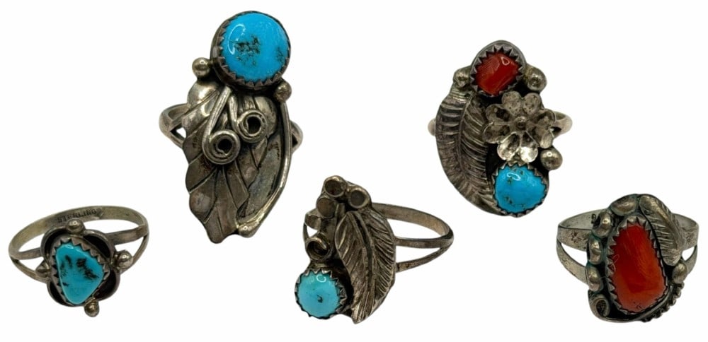 Vintage Sterling Silver Native American Turquoise And Coral Rings (1 of 6)