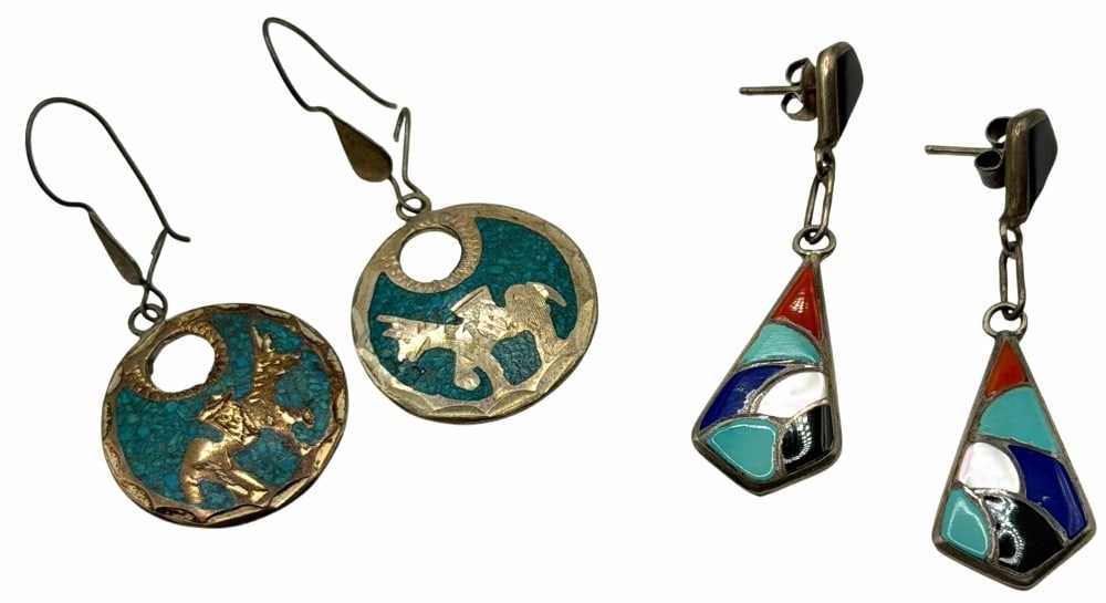 George Kee And Raymond Gasper Sterling Silver Native American Zuni Multi-Color Inlay Earrings: George Kee And Raymond Gasper Sterling Silver Native American Zuni Multi-Color Inlay Earrings. George Kee crafted a beautiful pair of mosaic dangle earrings with inlaid turquoise, coral, jet and mothe
