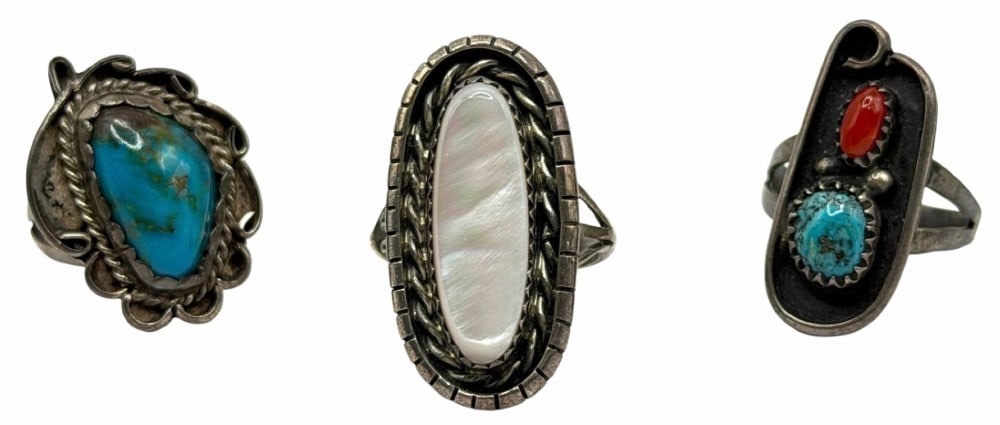 Artist Signed Sterling Silver Native American Turquoise, Coral And Mother Of Pearl Rings: Artist Signed Sterling Silver Native American Turquoise, Coral And Mother Of Pearl Rings. There is a size 6.5 Mabel Tsosie Mother of Pearl elongated ring, engraved with MY STERLING, a L. Henderson eng