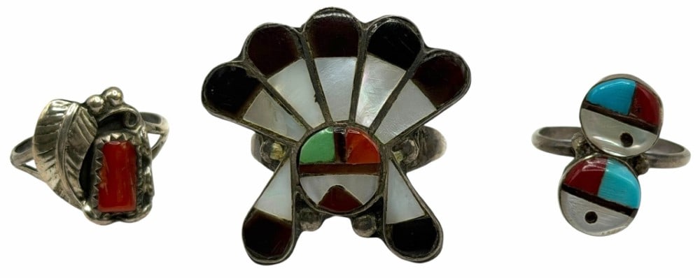 Sterling Silver Native American Zuni And Navajo Sunface & Coral Rings (1 of 8)