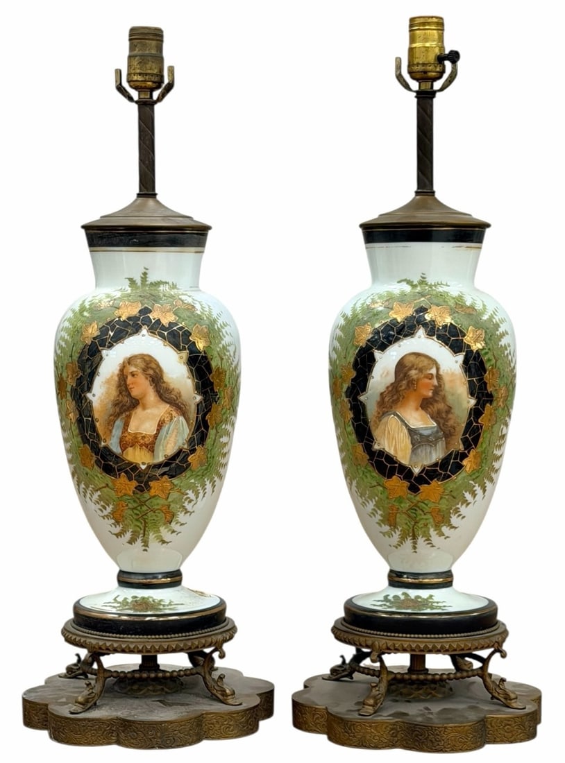 Pair Of Antique Electric Limoges Victorian Woman Portrait Painting Vase Lamps (1 of 14)