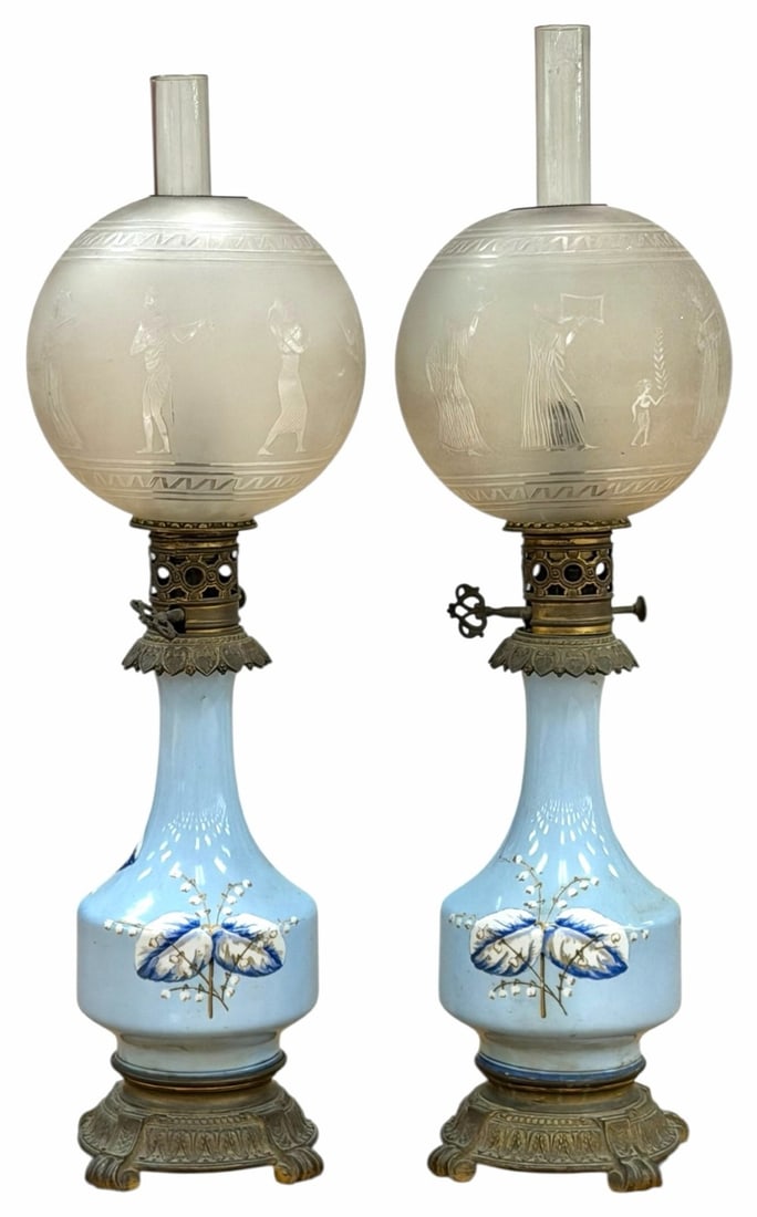 Pair Of Blue Floral Napoleon III Oil Lamps (1 of 12)