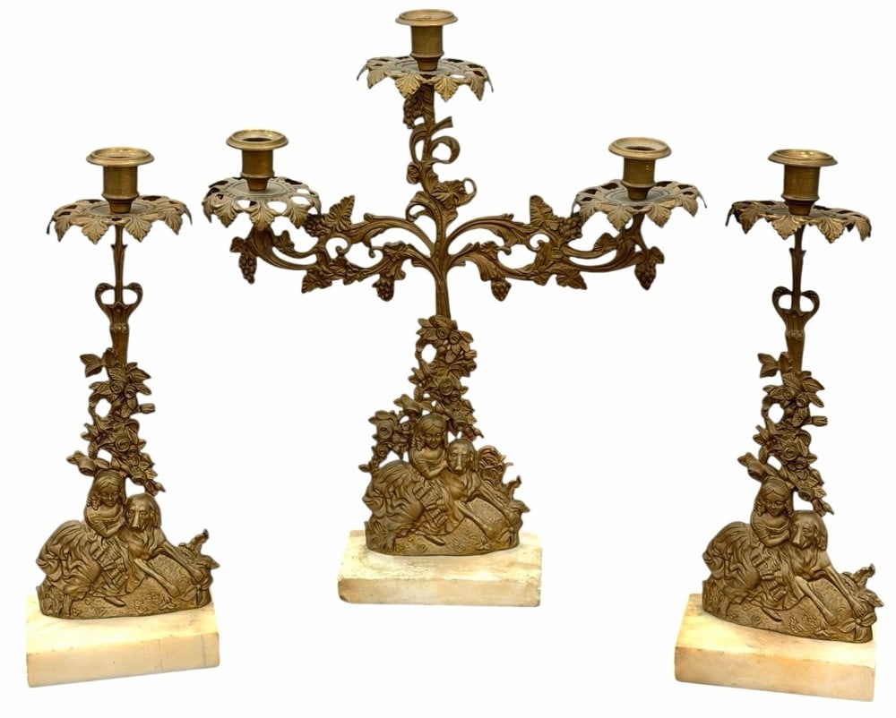 Set of 3 Antique Gilt Brass Victorian Girl & Dog Marble Candlesticks (1 of 11)