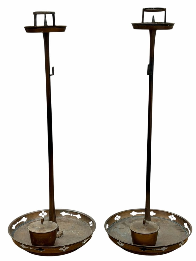 Pair Of Japanese Vintage Bronze Candle Stands With Pots (1 of 9)