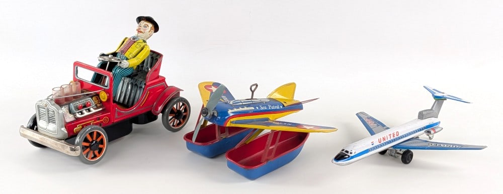 Vintage Tin Oldtime Automobile, Sea Patrol Plane, and United Arilines Plane (1 of 11)