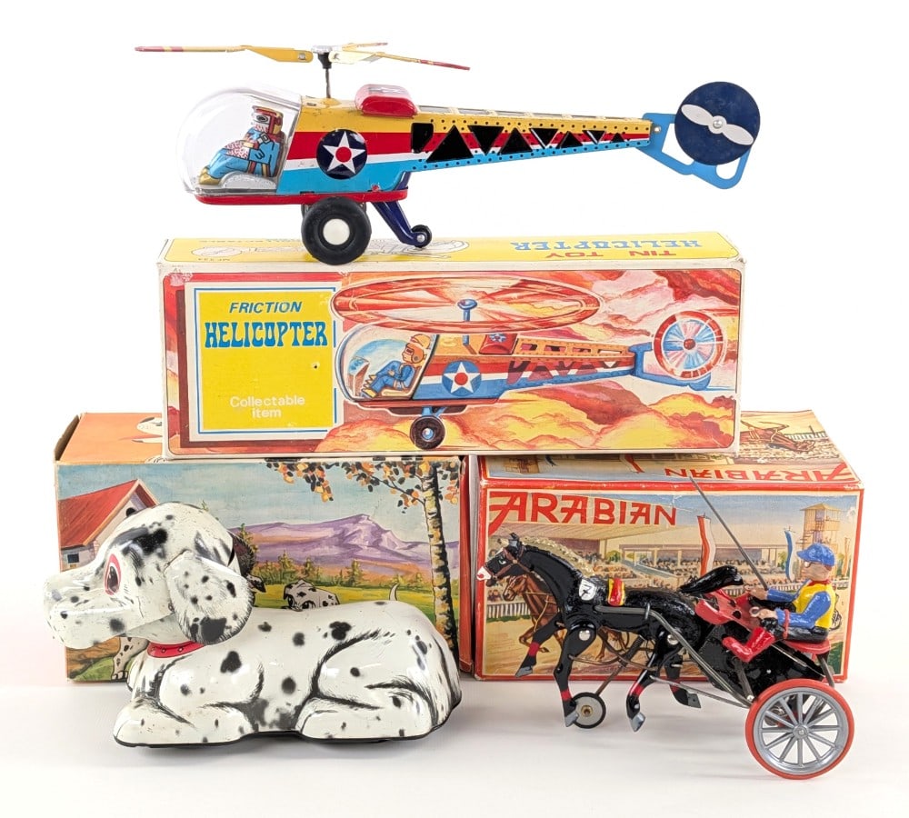 German Windup Arabian Horse Sulky, Dalmatian Dog, and Friction Helicopter (1 of 12)