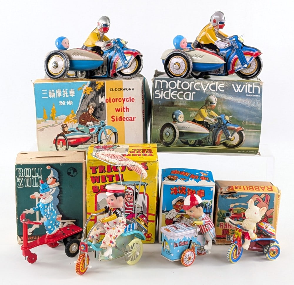 Tin Windup Motorcycle w/ Sidecar, Clown, Ice Cream Cart, Tricycle, and Rabbit on Bike (1 of 19)
