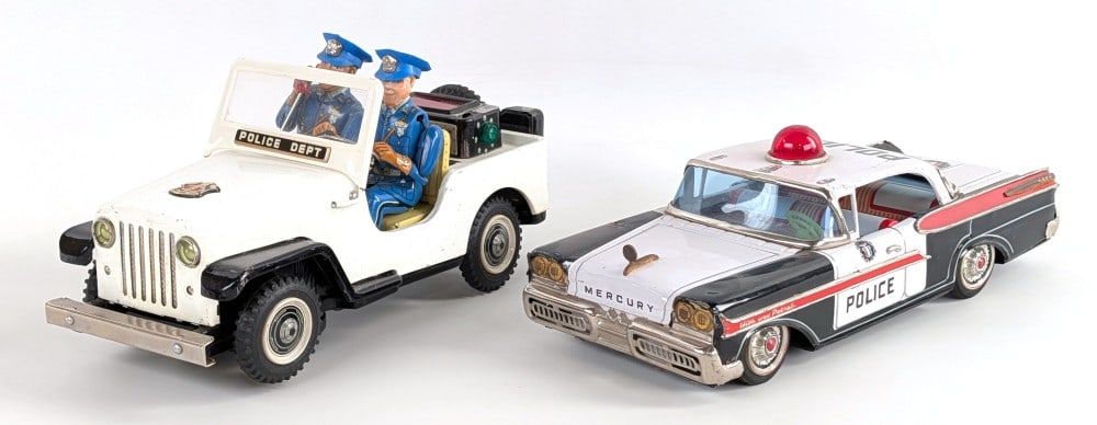 Japan Tin Friction Mercury Police Car, and Nomura Battery Op. Police Jeep (1 of 11)