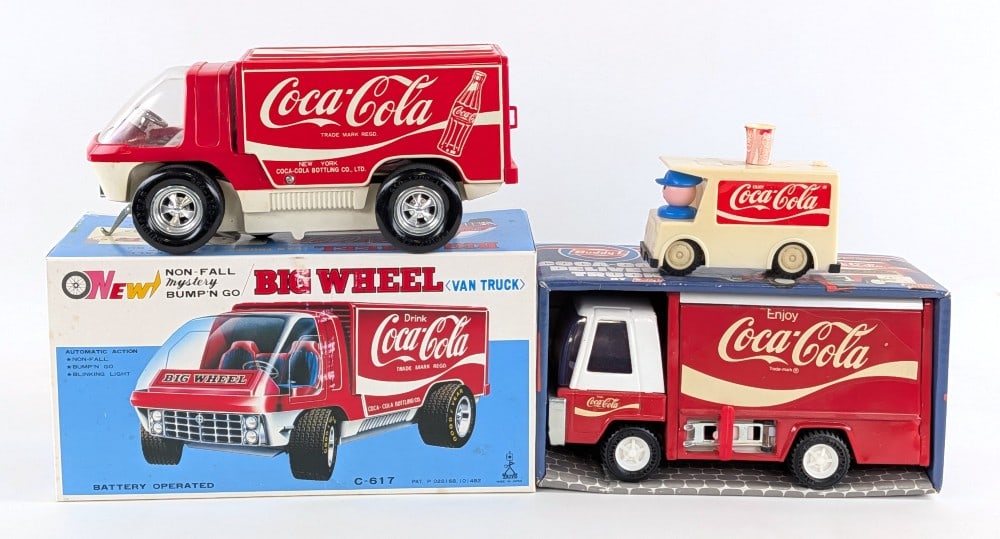 Japan Battery Op. Coca-Cola Truck, Buddy L Coca-Cola Truck, and Hong Kong Coca-Cola Truck (1 of 12)
