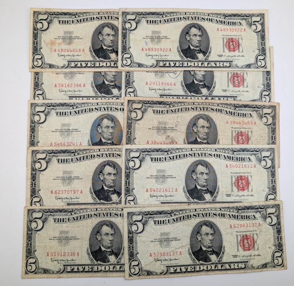 (10) 1963 Red Seal United States $5 Notes (1 of 5)