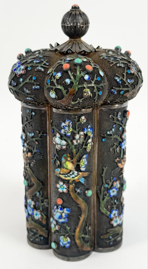 Antique Chinese Filigree .950 Silver & Enamel Tea Caddy (1 of 10)