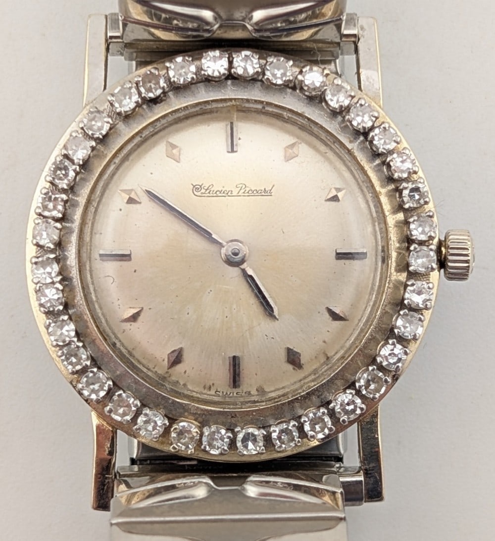 Vintage Mid Size Lucien Piccard 14K White Gold Diamond Bezel Wristwatch (1 of 9)