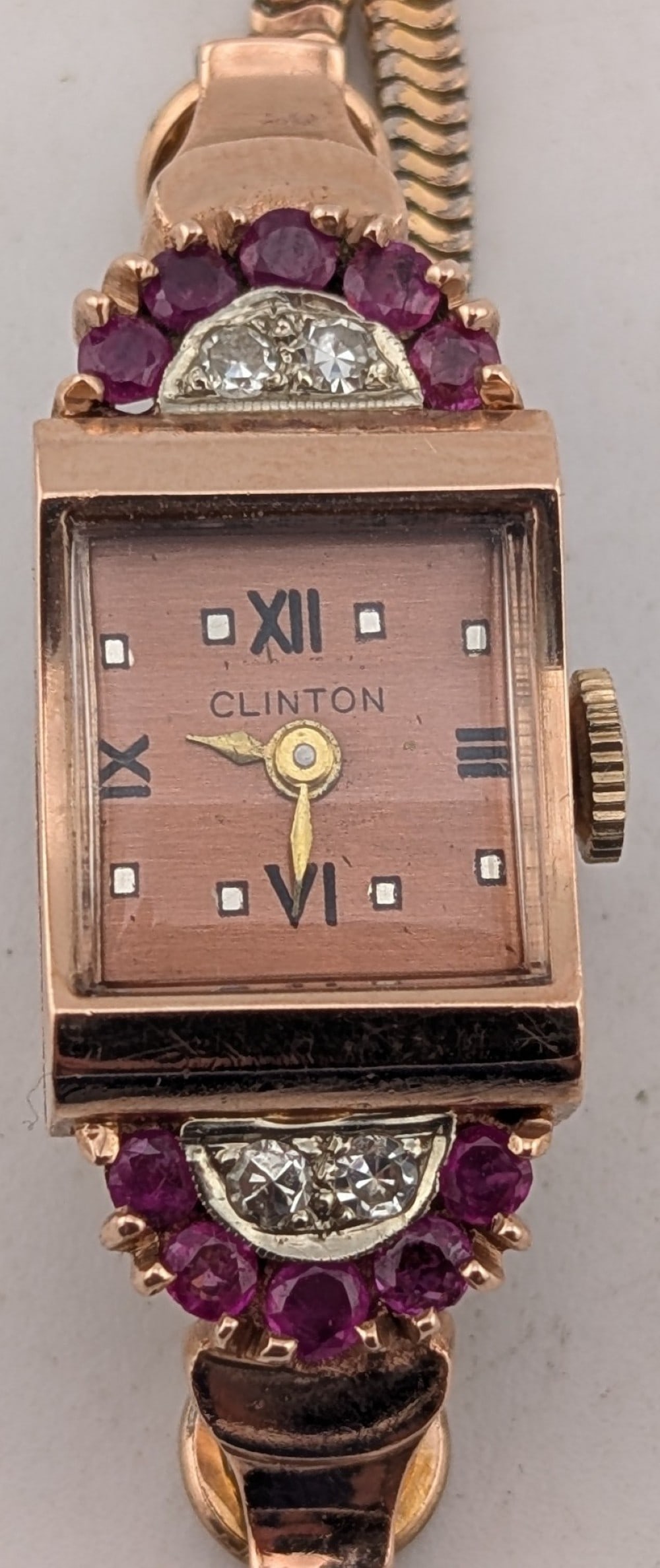 Vintage Ladies Swiss Clinton Diamond & Ruby 14K Rose Gold Case Wristwatch (1 of 8)